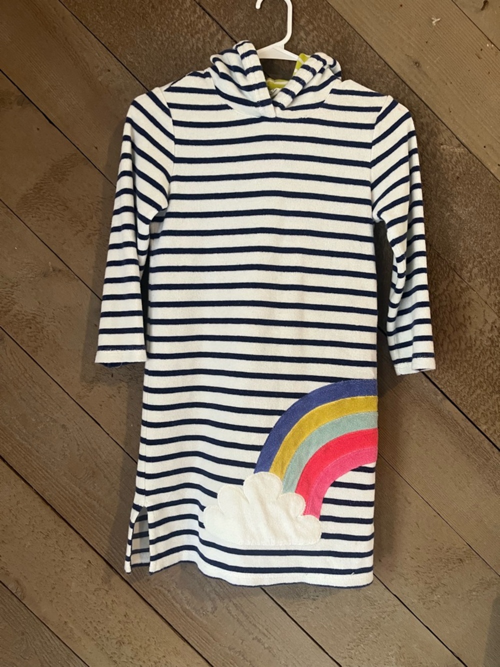 Mini Boden Navy and White Striped Hooded Tunic with Rainbow